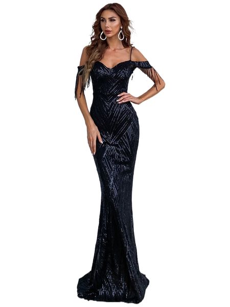 

missord fringe trim mermaid hem sequins prom dress b7xh#, Black;gray