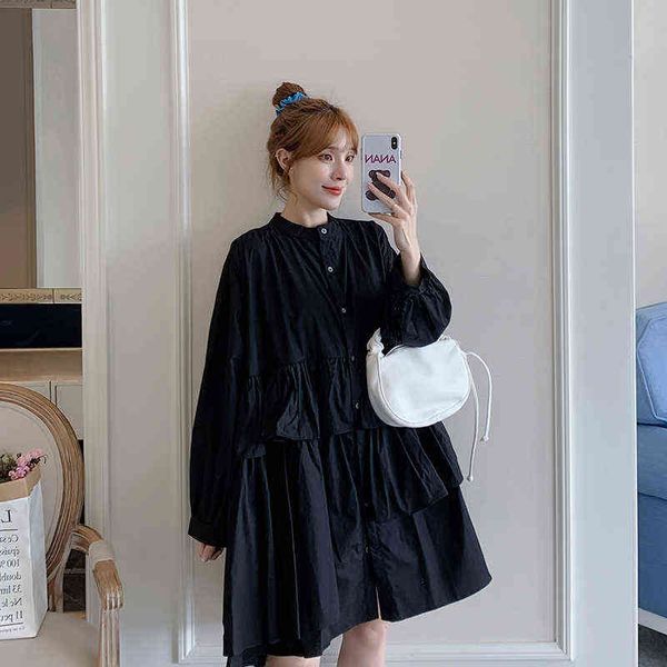 

maternity dress plus size autumn pregnant woman clothes long sleeves ruffles patchwork pregnancy loose dress black aline dresses j220628, White