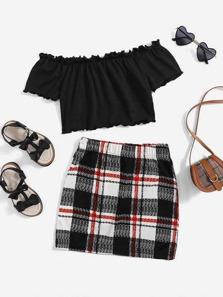 

girls frill detail rib knit tee & plaid skirt she, White