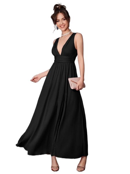 

sleeveless split thigh ruched dress 48is#, Black;gray