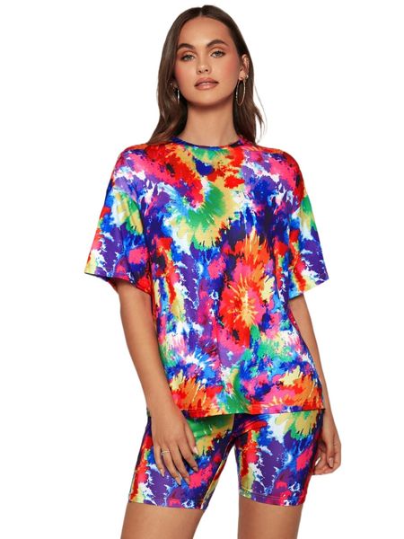 

tie dye drop shoulder tee & biker shorts r0t0#, White