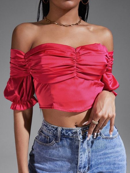 

sxy off the shoulder ruched satin 95yz#, White