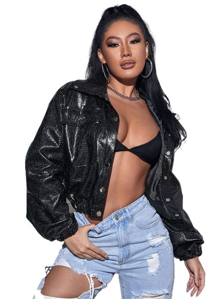 

sxy crocodile print pu leather jacket w5sd#, Black;brown