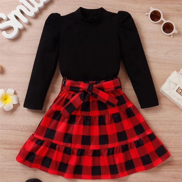 

toddler girls puff sleeve tee & buffalo plaid print belted skirt she, White