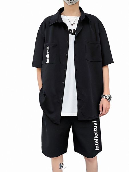 

men letter graphic shirt & drawstring waist shorts without tee n2za#, Gray