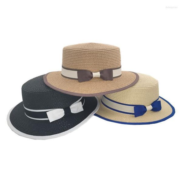 Summer Beach Sun Hat Ladies Moda Menina Chapéus de palha com fita Casual Casual Casual Top Panamá o osso feminino Visor Caps Wide Brim Delm22