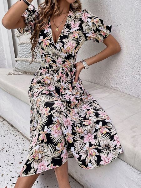 

tropical print puff sleeve belted dress d6zl#, Black;gray