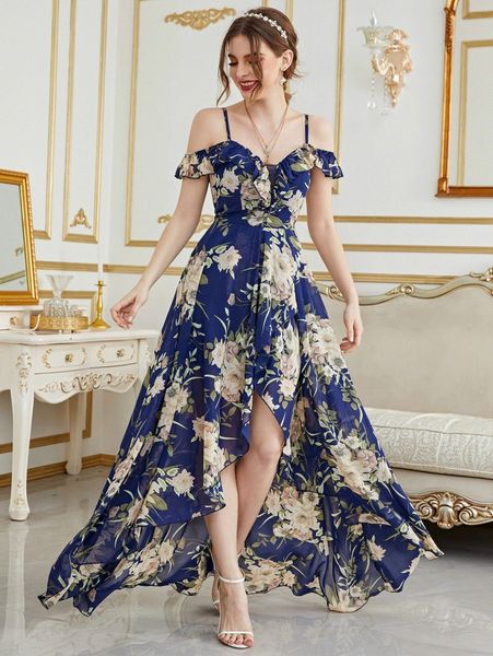 

cold shoulder high low hem allover floral dress n7ok#, Black;gray
