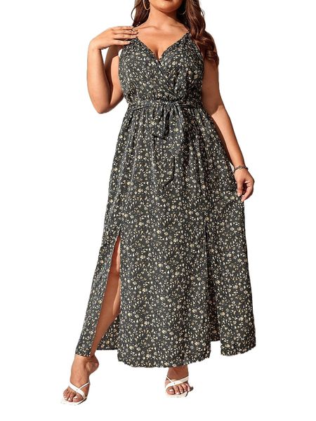 

plus ditsy floral split thigh belted cami dress c0sf#, Black