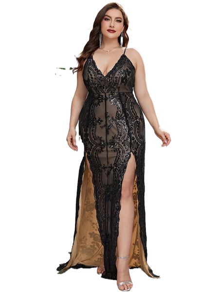 

plus floral pattern crisscross back slit thigh sequin formal dress w22c#, Black