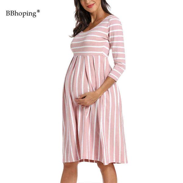 

women's long sleeve round neck maternity dress high waist knee length striped casual maternity clothing autumn vetement femme g220309, White