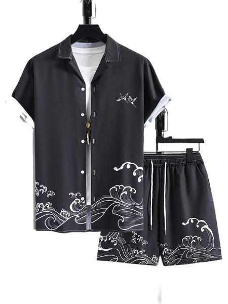 

men wave & crane print shirt & drawstring waist shorts without tee 17vn#, Gray