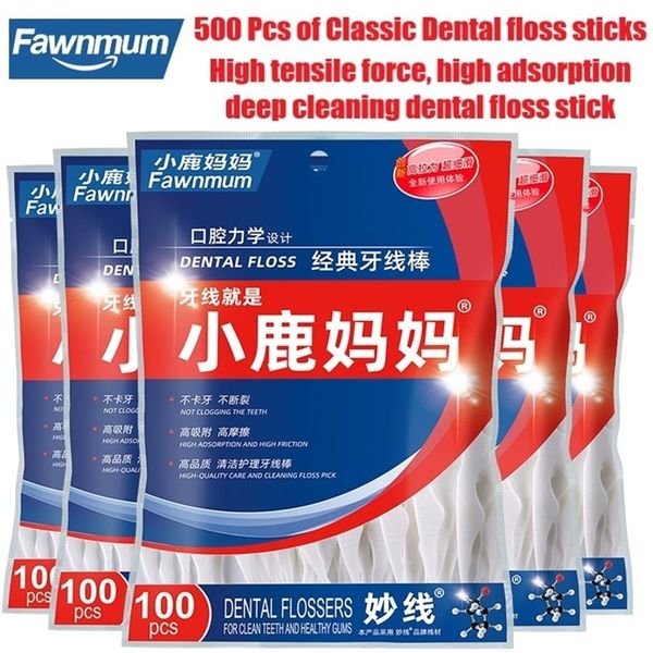 

fawnmum 5x100 pcs/lot disposable dental flosser toothpick floss pick teeth stick interdental brush oral gums teeth cleaning care 220708