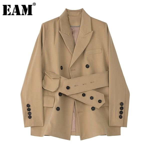 

eam women khaki button split big size blazer new lapel long sleeve loose fit jacket fashion spring autumn 2020 lj201021, White;black