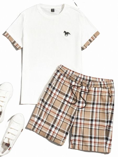 

men horse print contrast plaid trim tee & drawstring waist shorts f9rm#, Gray