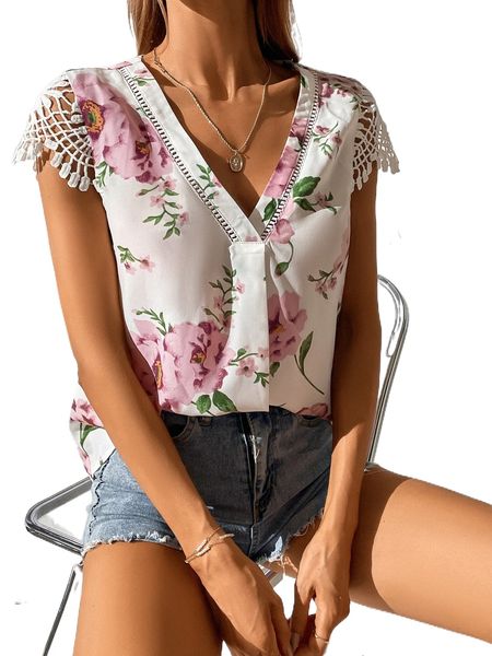 

floral v-neck contrast eyelet embroidery blouse x5df#, White