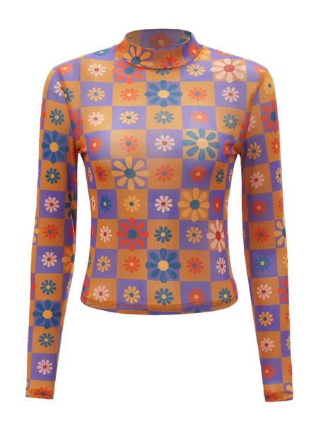 

x mine eyes floral & checkered print mock neck mesh 57wx#, White