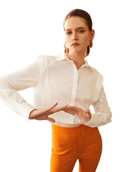 

solid button front crop blouse 898y#, White