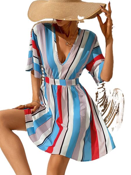 

striped print a-line dress m1hz#, Black;gray