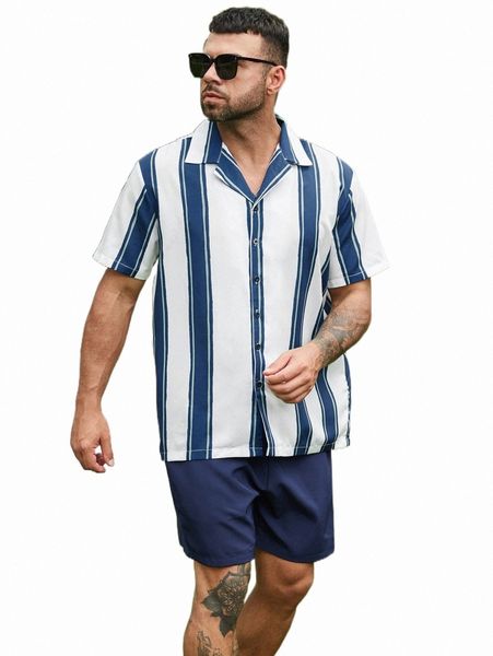 

extended sizes men striped print shirt & solid shorts e1rw#, Gray