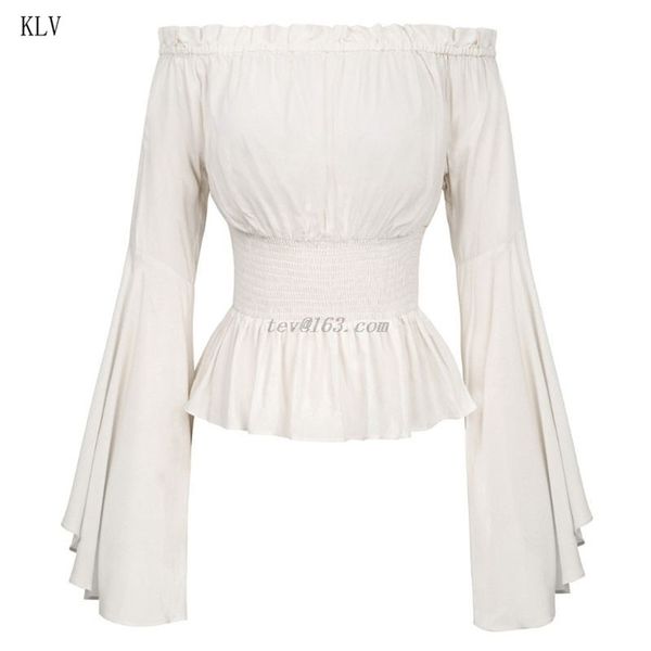 

womens gothic renaissance blouse flare sleeves ruffles off shoulder corset victorian cosplay costume pirate shirt 210302, White
