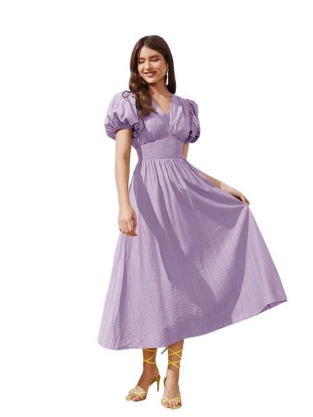 

shirred puff sleeve a-line dress 23vw#, Black;gray