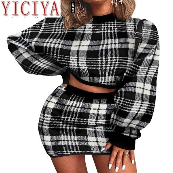 

office two pieces set plaid knitted sweater outfit long sleeve crop and skirt short set fashion matching clothing, White