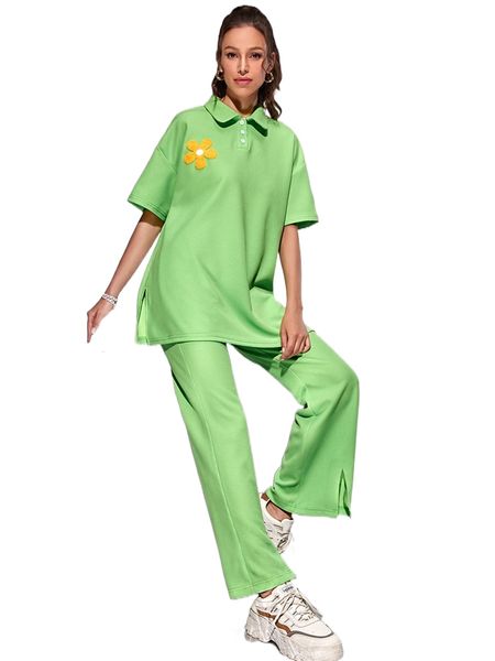 

floral patched waffle knit polo neck & pants a2q5#, White