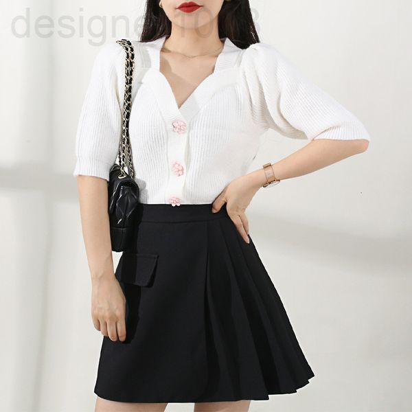 

women's knits & tees designer []swan neck flower button bubble sleeve short cardigan women's early autumn small fresh pure color s, White