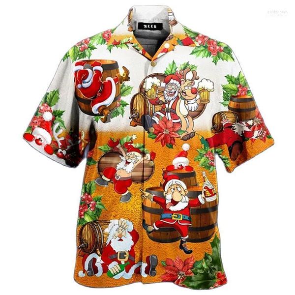 Мужские повседневные рубашки Рождество Санта -Клаус одна пуговица Гавайи 3D Печатные летние летние пляжные топы пляжные топы 5xl Eldd22
