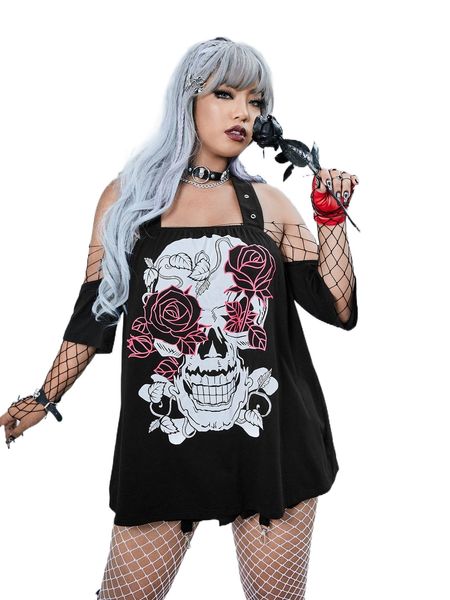 

plus skull & floral print cold shoulder tee without fishnet j8jd#, Black