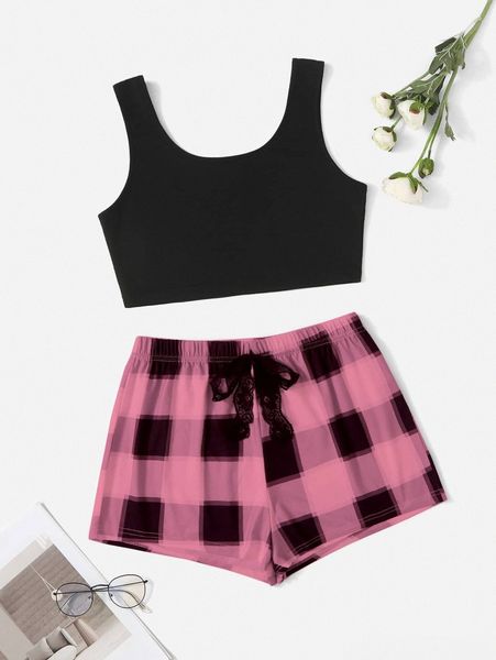 

buffalo plaid print knot front pj set o96t#, Black;red