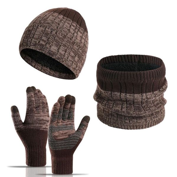 Boinas homens homens inverno 3 peças maconha chapéu de gorro lenço de toque não deslizamento luvas de tela de toque conjunto engrosse