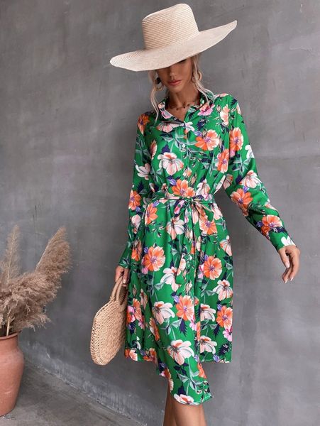 

allover floral belted shirt dress u6ht#, Black;gray
