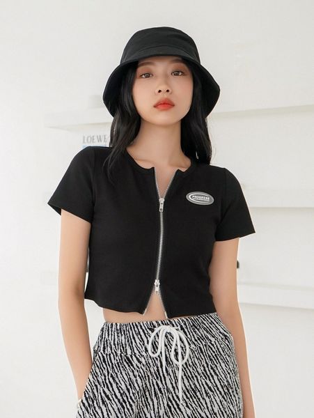 

dazy zip up rib-knit crop tee 49im#, White