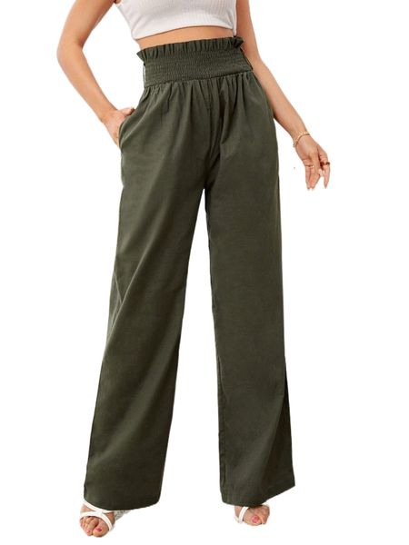 

paperbag waist solid pants d2zw#, Black;white