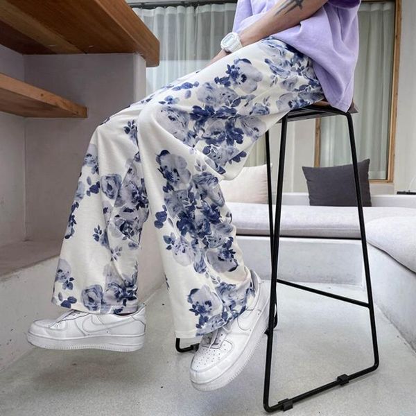 

men's pants spring summer flower men's fashion printed casual men streetwear loose hip-hop straight wide-leg mens trousers, Black