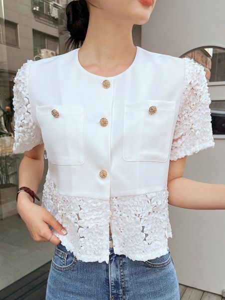 

dazy appliques pocket patched blouse p2id#, White