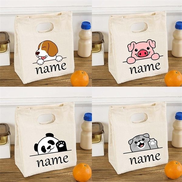 Nome personalizzato personale Cute Animal Lunch Bag Cooler Bento Box Borse Portatile isolato termico Scuola di conservazione degli alimenti Tote Regali per bambini 220711