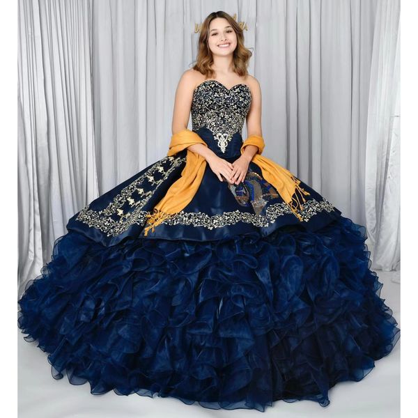 

navy blue quinceanera dresses sweet 16 girl ruffle corset appliques beaded princess ball gown birthday dress vestidos de 15 aÃ±os, Blue;red