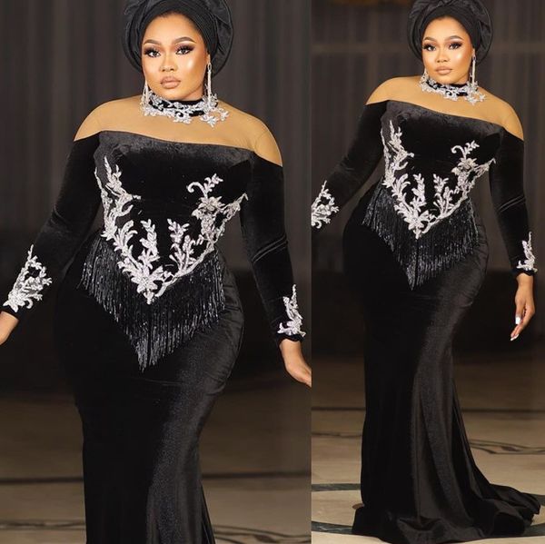 

2022 plus size arabic aso ebi black mermaid velvet prom dresses lace beaded evening formal party second reception birthday engagement gowns