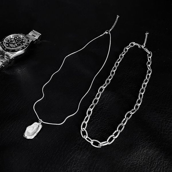 

irregular square pendant with double layered steel necklace, Silver