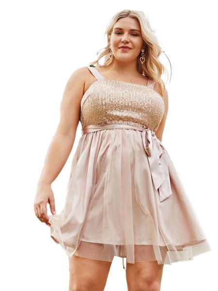

plus contrast sequins belted mesh dress c4yr#, Black