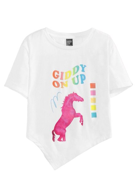 

x chromoeye horse & letter graphic asymmetrical hem tee 10tx#, White