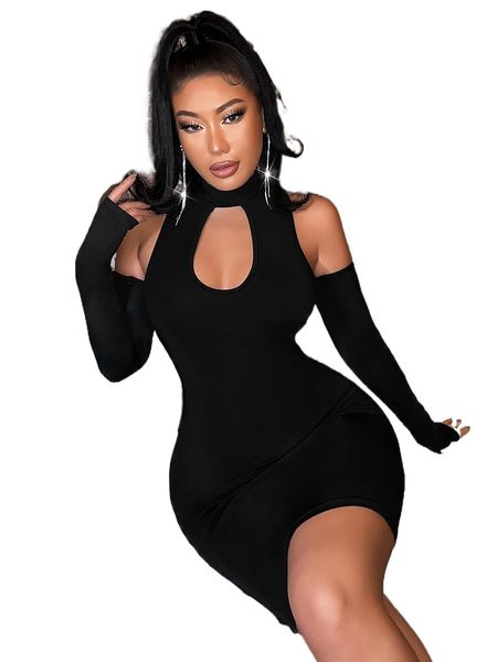 

sxy cut out cold shoulder thumbholes bodycon dress o9fc#, Black;gray
