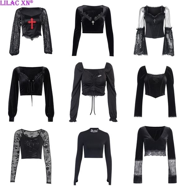 

goth black bodycon crop women's t-shirts aesthetic v-neck long sleeve corset y2k harajuku vintage korean fashion 220402, White