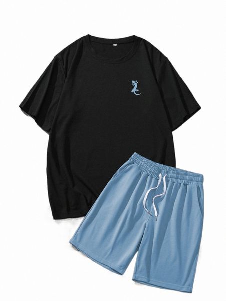 

men lizard print tee & drawstring waist shorts r6ul#, Gray
