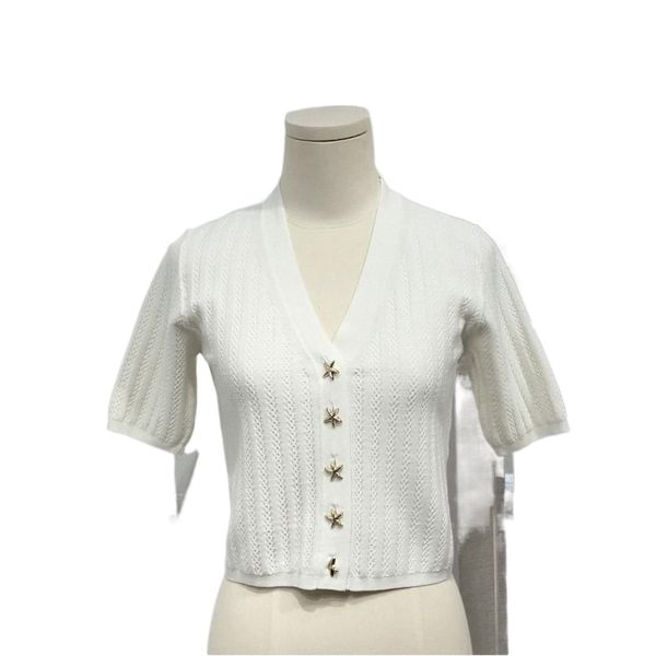 

france d 2022 summer new women's five-pointed starfish buckle thread knit v-neck short sleeve cardigan h6mn#, White
