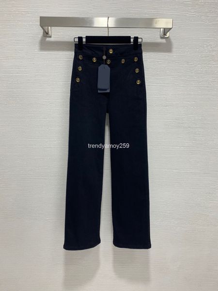 

women's jeans 21 hardware ship anchor gold buckle decoration high waist straight tube denim pants fabric micro elastic, soft and comfor, Blue