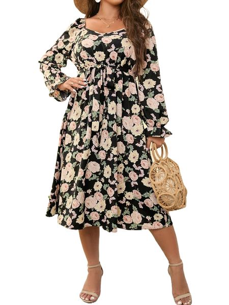

plus allover floral print belted dress 6777#, Black